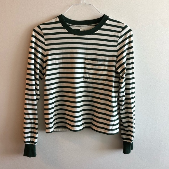 Madewell Tops - MADEWELL✨Dark Green & White Striped Long Sleeve Shirt Extra Small